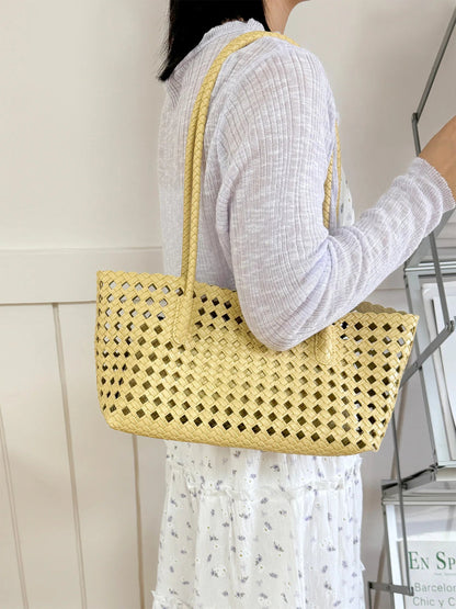 2026 New Fashion Hollow Out Woven Tote Bag for Women Large Capacity Commute Single Shoulder Handbag for Summer Good Vibrations