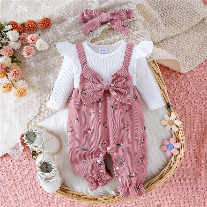 New Autumn Newborn Baby Girls Long Sleeve Romper Floral Print Fake Two Pieces Patchwork Bow Jumpsuits and Cute Headband Set Good Vibrations
