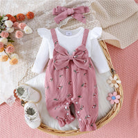 New Autumn Newborn Baby Girls Long Sleeve Romper Floral Print Fake Two Pieces Patchwork Bow Jumpsuits and Cute Headband Set Good Vibrations