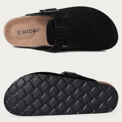 Comwarm Women's Suede Clogs with Adjustable Strap Cork Footbed Leather Mules Slippers Unisex Outdoor Comfortable Potato Shoes Good Vibrations