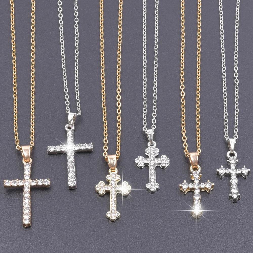 Cross Charm Necklace Crystal Pendant Necklaces For Women Men Accessories Rhinestone Christ Crosses Choker Gift Fashion Jewelry Good Vibrations
