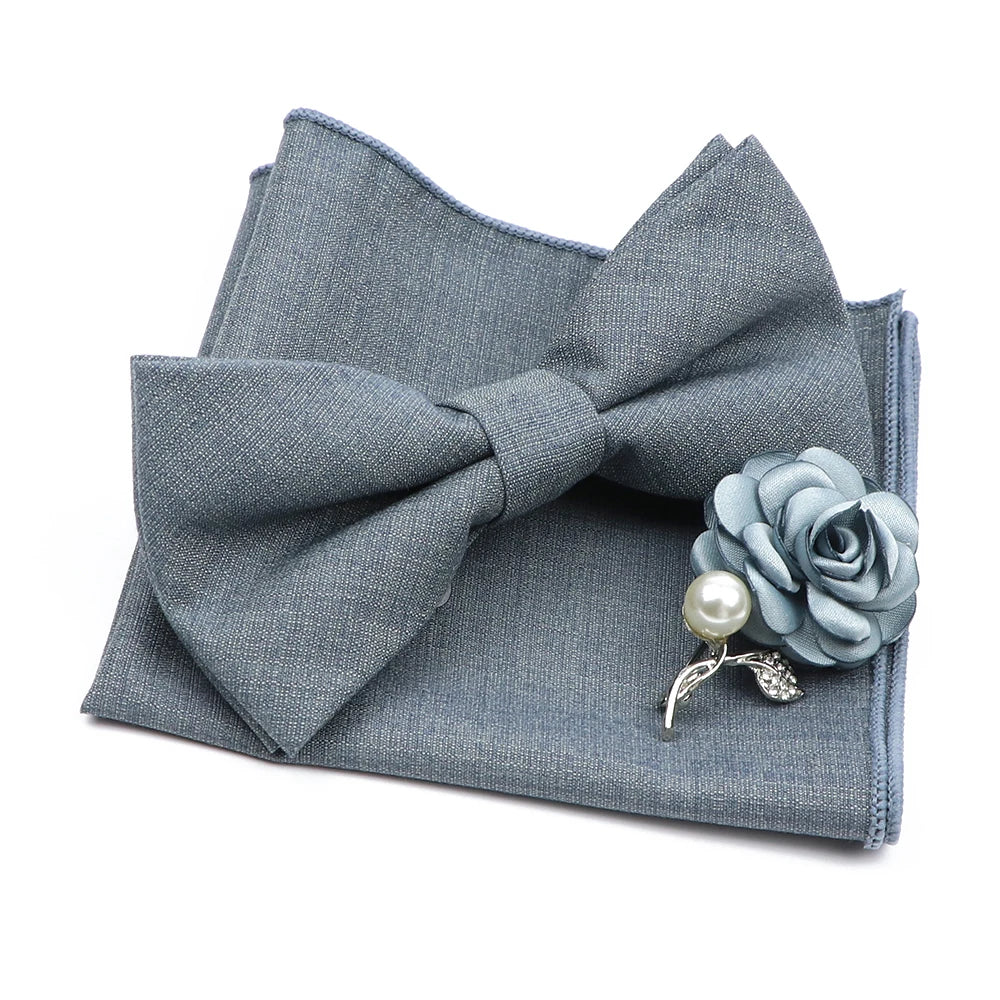 Mens Wedding Bowtie Brooch Set Romantic Solid Color Bamboo Fiber Bowknot Flower Lapel Pin Blue Pink Cravat Suit Shirt Accessory Good Vibrations