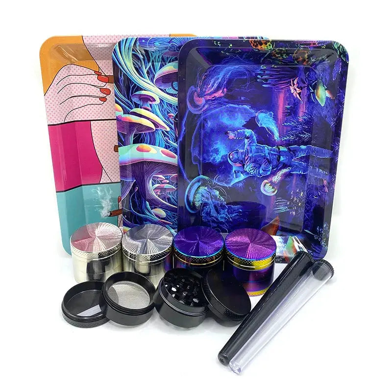 Metal herb grinder with smell proof tube, colorful rolling trays, and manual crusher set.