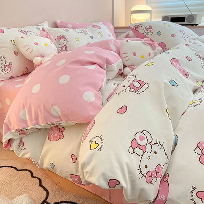 Sanrio 100% Cotton Bedding Set Cute Hello Kitty Kuromi Melody King Queen Pillowcase Bed Linens Girl Dorm Bedclothes Home Textile Good Vibrations