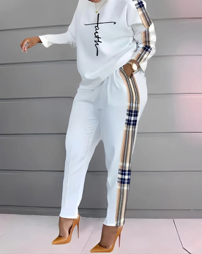 2 Piece Sets Woman Outfit,Women's Print Two Piece Set, O-neck Casual Long Sleeve T-shirt, Top And Pants, 2-piece, Spring, 2024, Good Vibrations