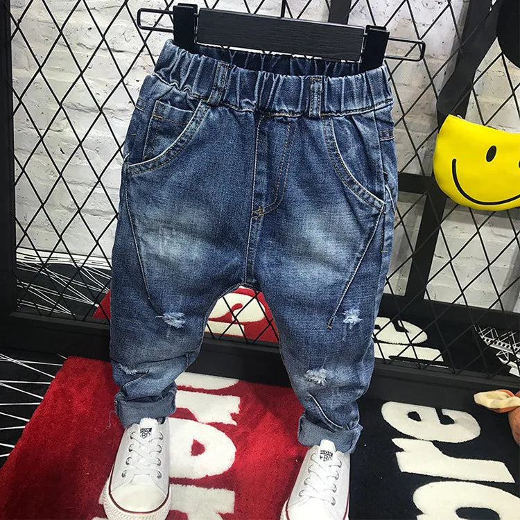 Boys Jeans Fashion Hole New Children Straight Cylinder Casual Jeans Spring Autumn Korean Style Elastic Waist Kids 3-8Ys Trousers Good Vibrations