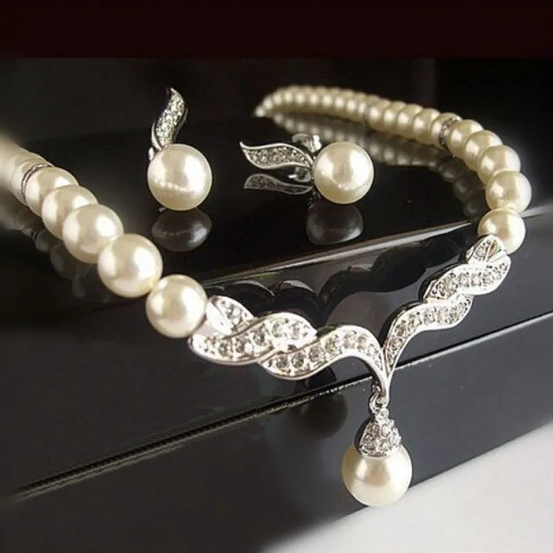 Creative Gold Color Necklace + 1 Pair Earrings Wedding Bridal Pearl Jewelry Set For Women Lady Female Good Vibrations Adult Super Store