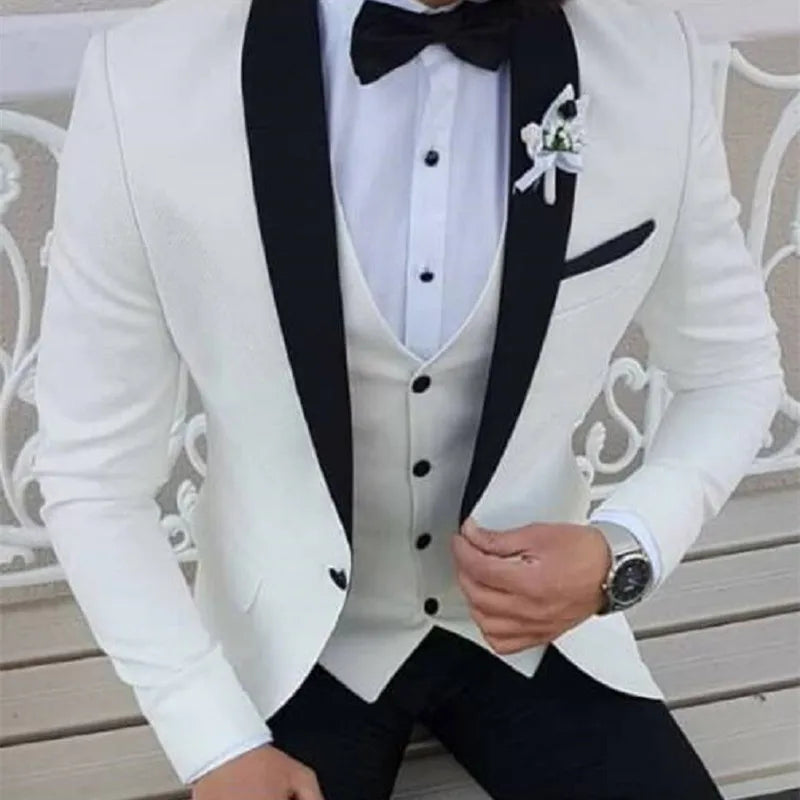 2022 Latest Coat Pant Designs White Men Suits Black Shawl Lapel Formal Tuxedos Wedding Suits For Men Prom Party Dress With Pants Good Vibrations