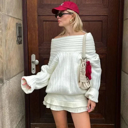 Trendix Long Sleeve Knit Sweater Women Autumn Winter Oversized Off Shoulder Pullover Street Fashion Vintage Loose Knitted Tops Good Vibrations