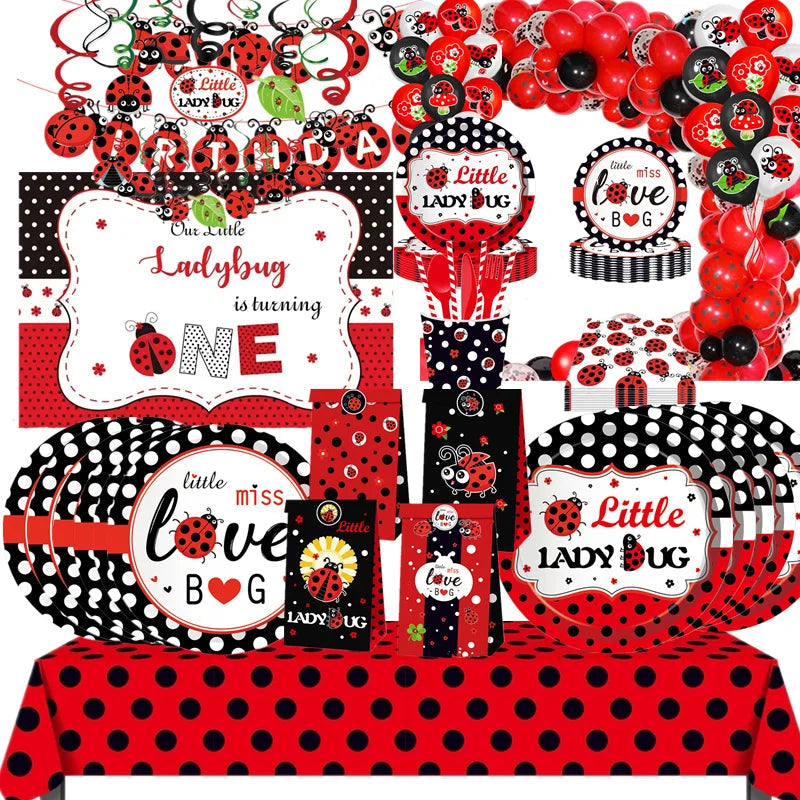 Cartoon Ladybug Theme Birthday Supplies Tablecloth Paper Plate Cup Banner Balloon Party Decoration Set Baby Shower Decoration Good Vibrations