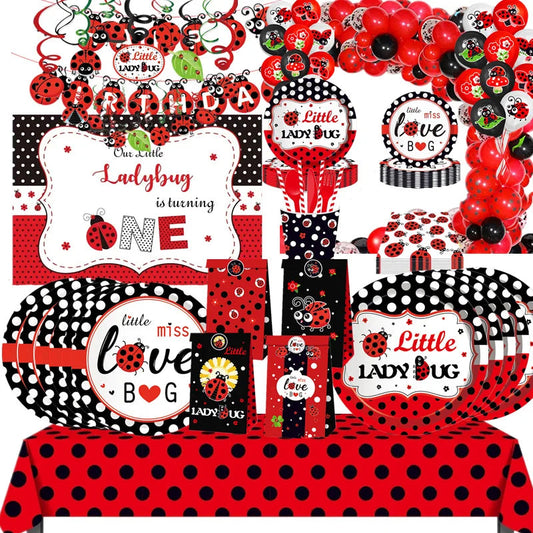 Cartoon Ladybug Theme Birthday Supplies Tablecloth Paper Plate Cup Banner Balloon Party Decoration Set Baby Shower Decoration Good Vibrations