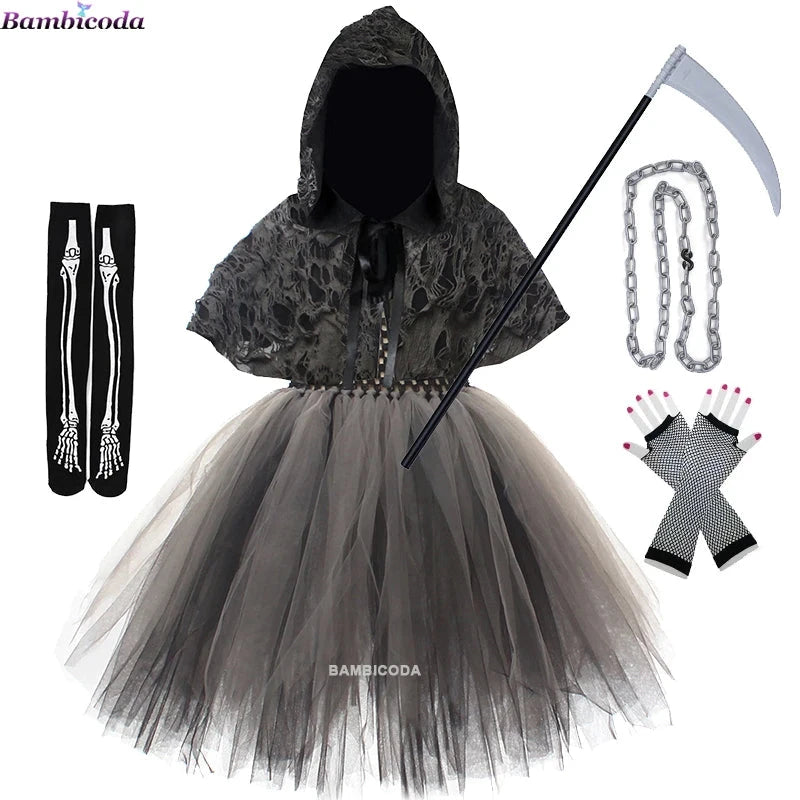 Halloween Grim Dresses Horror Death Cosplay Black Cloak Costume kids Girls Party Clothes Halloween Dress Demon Ghosts Costume Good Vibrations