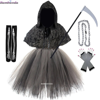 Halloween Grim Dresses Horror Death Cosplay Black Cloak Costume kids Girls Party Clothes Halloween Dress Demon Ghosts Costume Good Vibrations