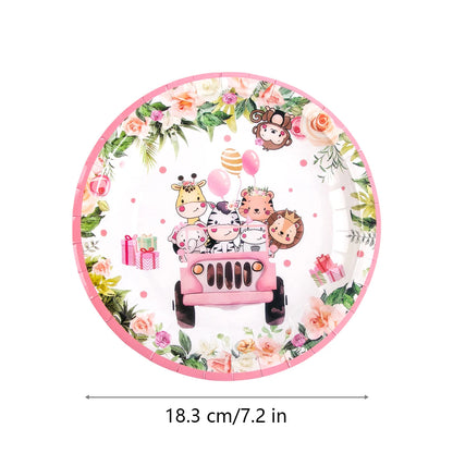 Pink Jungle Safari Birthday Decorations Animal Disposable Tableware Forest Woodland Baby Shower for Girl Birthday Party Supplies Good Vibrations