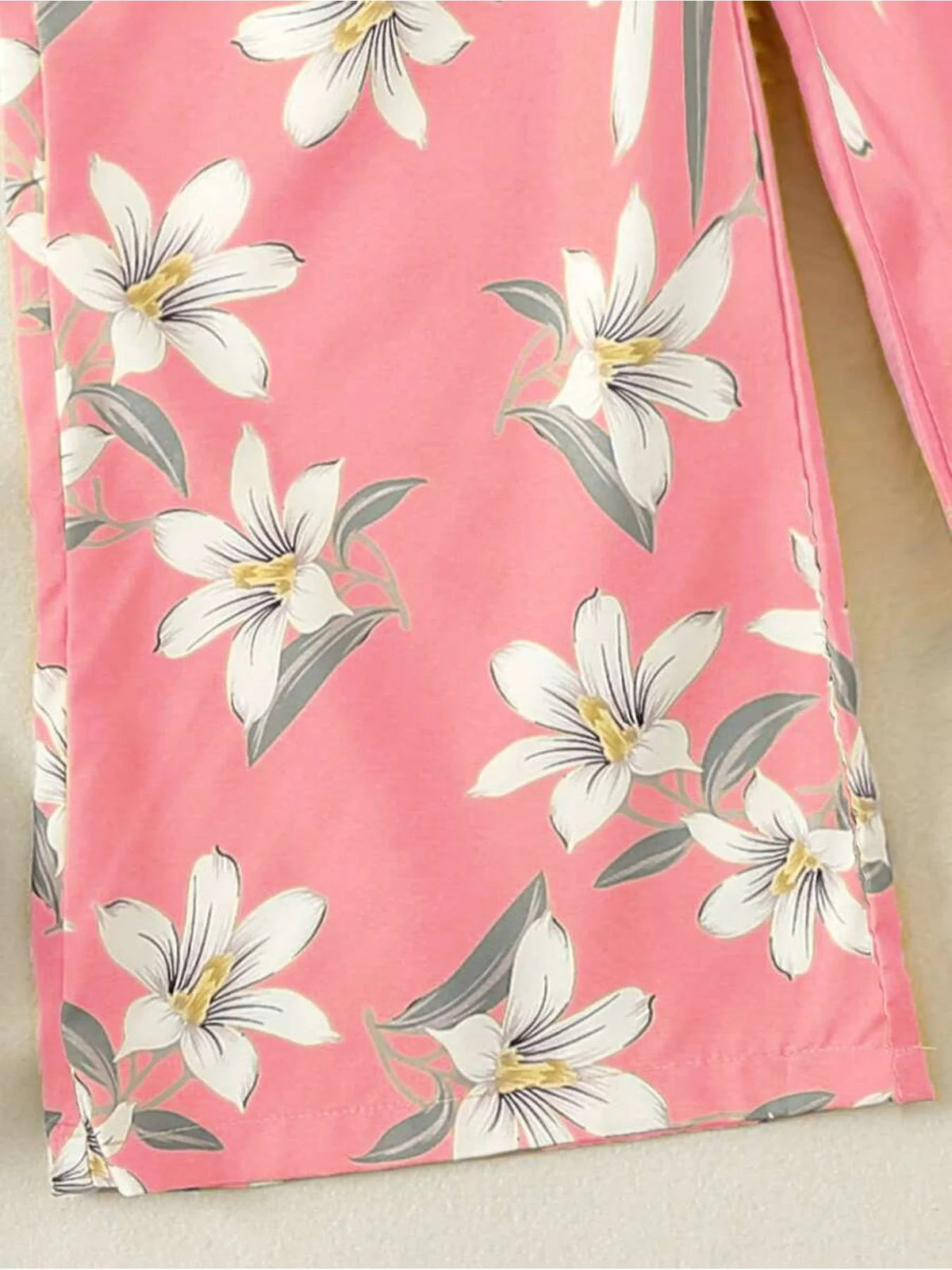 Summer fresh casual children's clothing, girls' pink lily print suspender, waist cinched wide leg pants, jumpsuit Good Vibrations