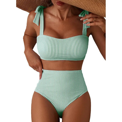 Women's 2026 Two Piece Bikini Set Striped High Waist Tie Shoulder Swimsuit Summer Beachwear Good Vibrations
