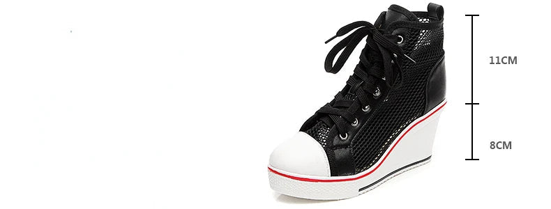 2025  Wedge Heel 8cm Height Increasing Net Shoes Thick Bottom Sandals Women's Casual Lace-up Shoes High-top Hollow Women's Shoes Good Vibrations
