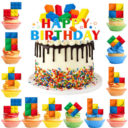 Building Blocks Cake Topper, 24 Pcs Building Block Birthday Party Cupcake Toppers + 1 Pcs Building Block Birthday Cake Topper Good Vibrations