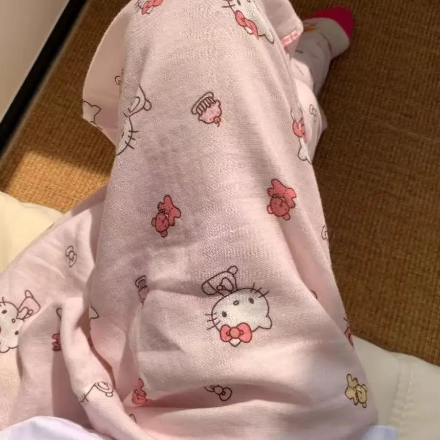 Sanrio Hello Kitty Pure Pajama Pants Wide Kawaii KT Cat Leg Pants Y2K Summer Thin High Waist Casual Trousers Birthday Gifts Good Vibrations