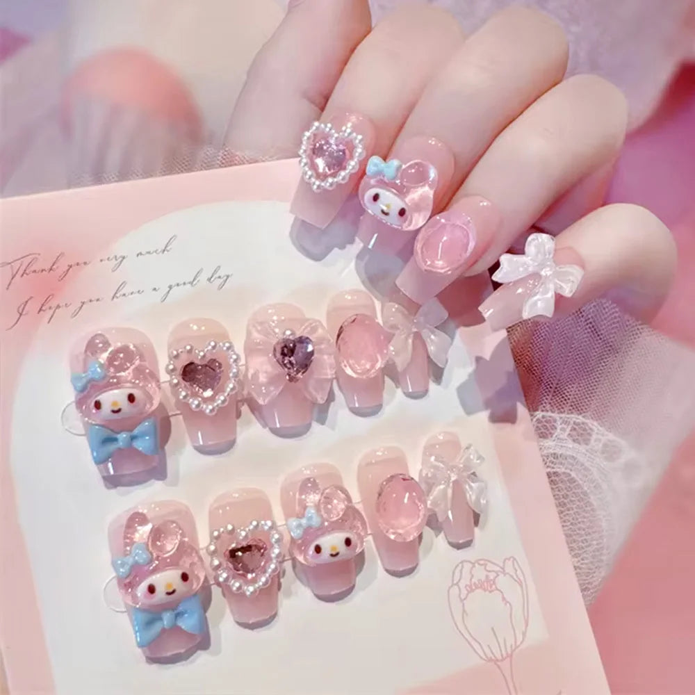 Sanrio Kawaii Pink My Melody Fake Nails 24Pc 3D kuromi Anime Cute Nail Patches False Nail Tips Cartoon Y2K Fashion Press on Nail Good Vibrations