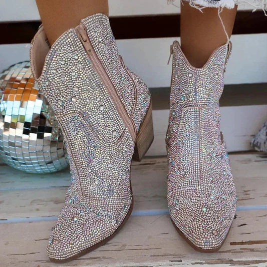 Western Cowboy Boots Fashion Women Ankle Boots Glitter Bling Shiny Trend High Heels High Quality Sexy Shoes Botas De Mujer 2024 Good Vibrations