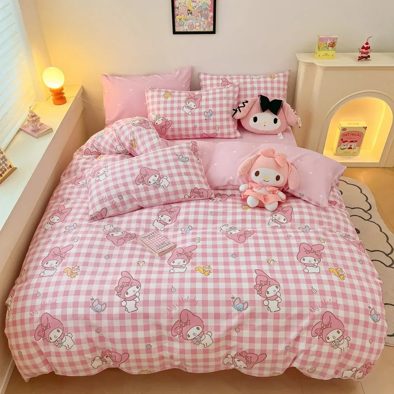 Sanrio 100% Cotton Bedding Set Cute Hello Kitty Kuromi Melody King Queen Pillowcase Bed Linens Girl Dorm Bedclothes Home Textile Good Vibrations