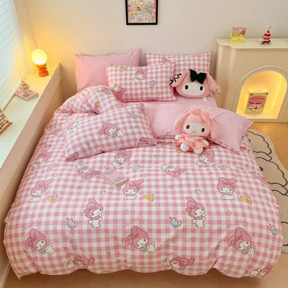 Sanrio 100% Cotton Bedding Set Cute Hello Kitty Kuromi Melody King Queen Pillowcase Bed Linens Girl Dorm Bedclothes Home Textile Good Vibrations