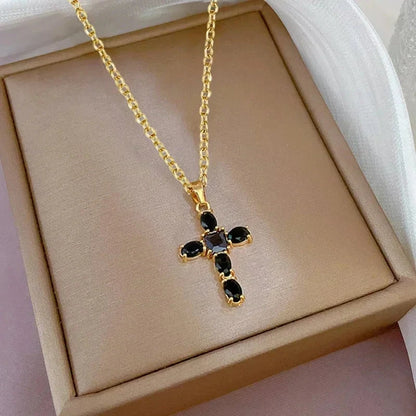 Luxury Cross Necklace for Women White/Black/Pink Cubic Zirconia Pendant Trendy Female Wedding Accessories Fashion Jewelry Good Vibrations