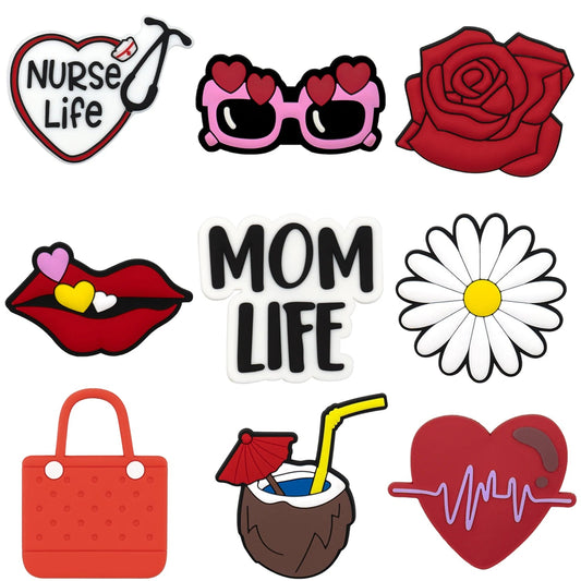 1/9pcs Rose Charms For Beach Bag Accessories Heart Glasses Lips Handbag Decoration Beach Coconut for Tote Bag Accessories Good Vibrations