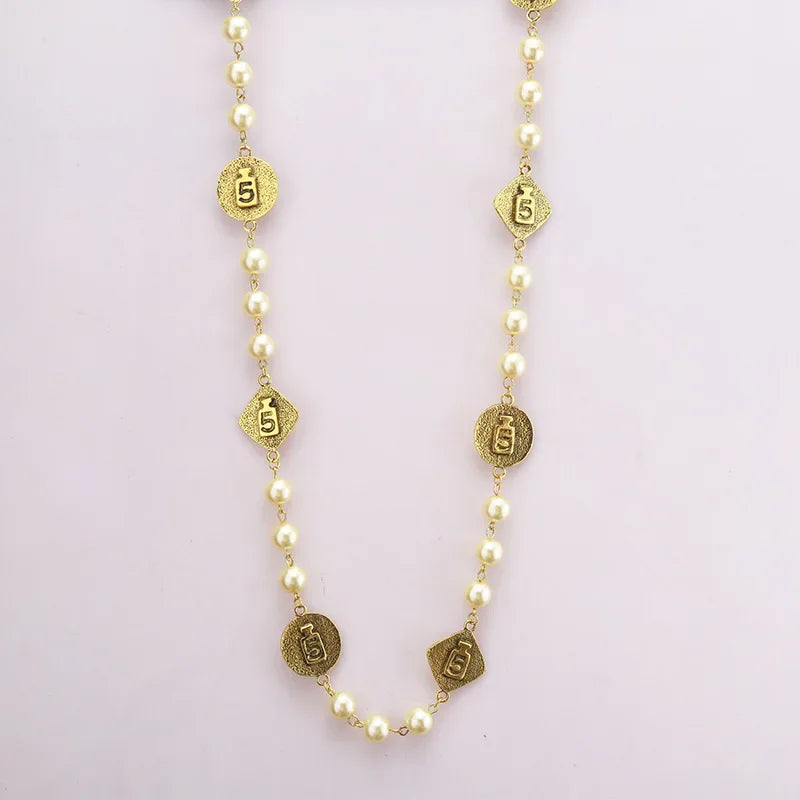 Vintage Chain Pearl Necklace earring for Women  Sweater Jewelry set Good Vibrations