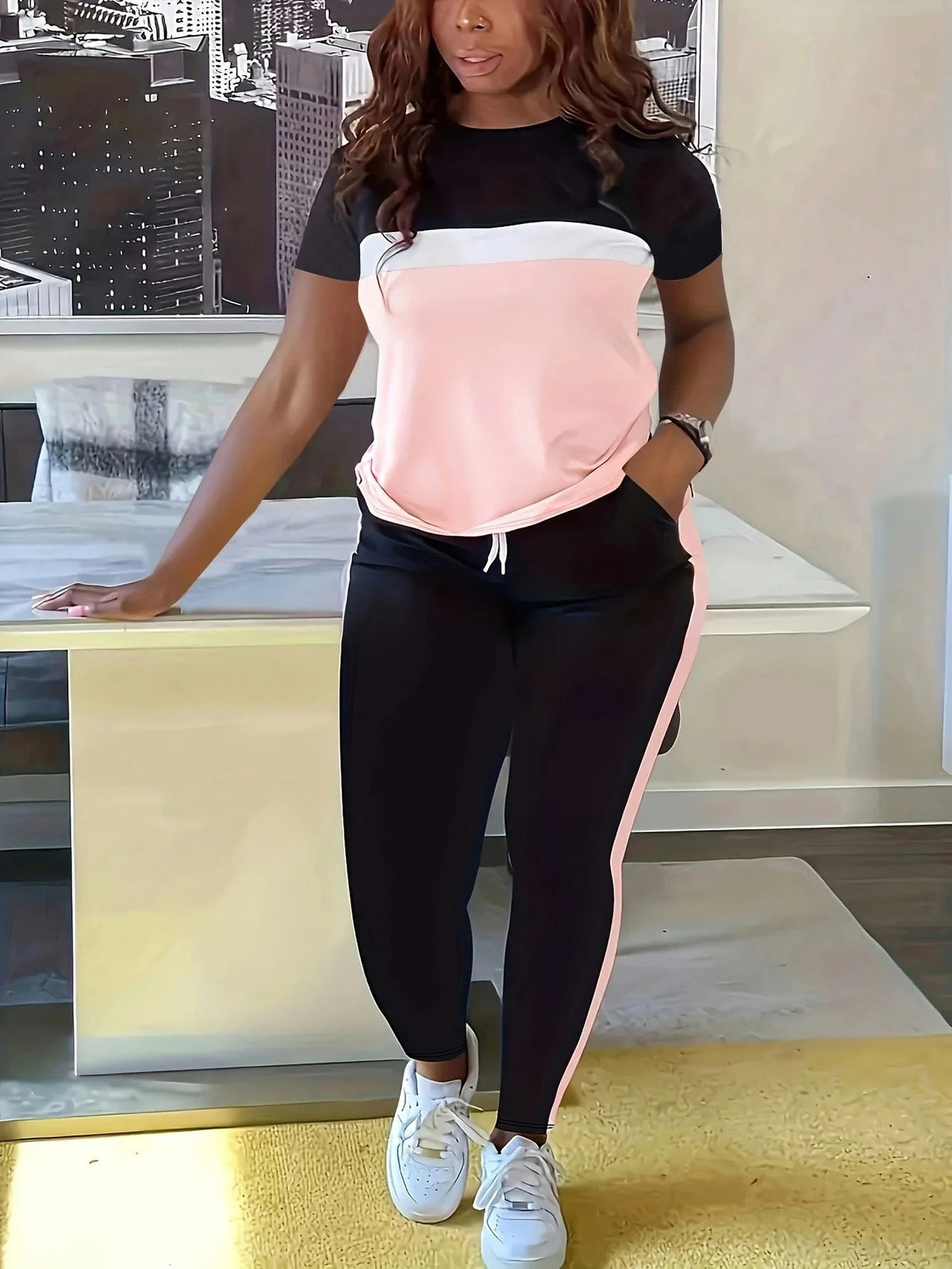 Pant Set Women Two Piece Sets Matching Sets Short Sleeve Loose Casual Tops Long Pants Lace Up Elastic Waist Jogger Summer Good Vibrations