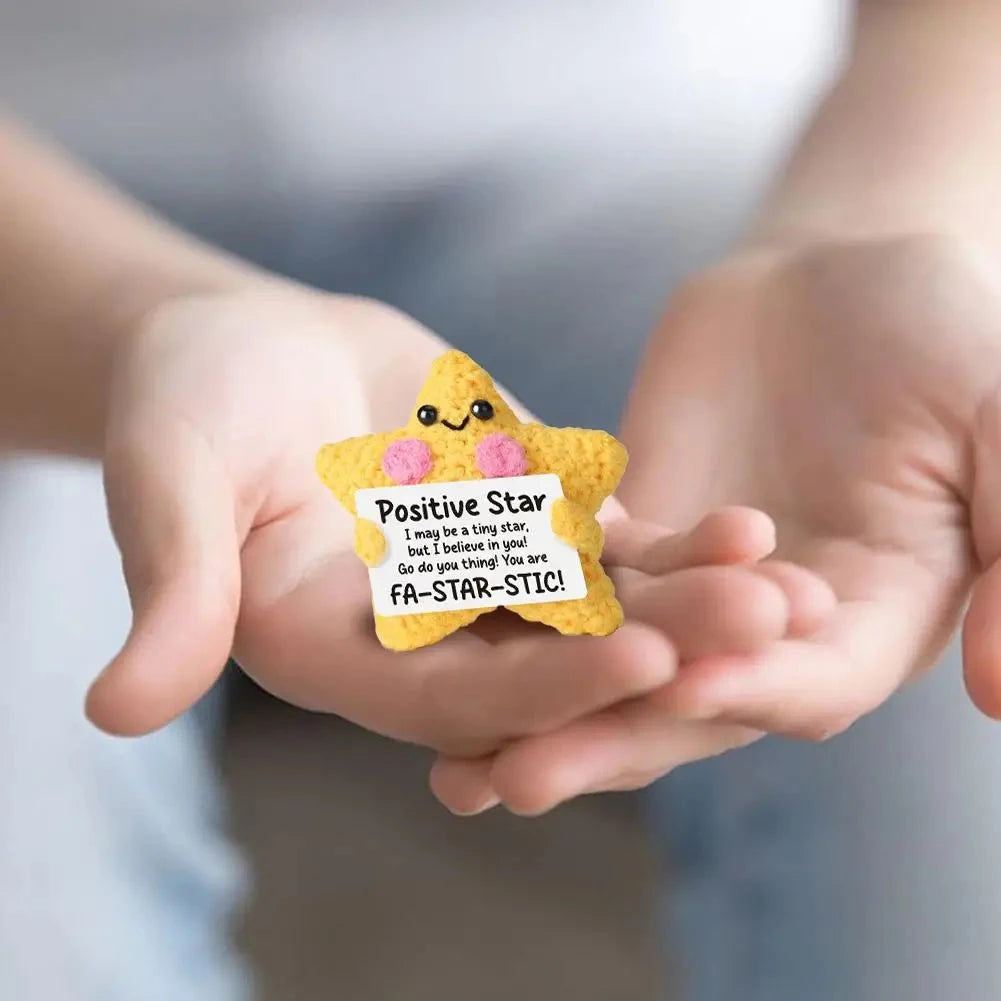 Cute Handwoven Positive Energy Star Ornaments Pocket Hug Crochet Doll Mini Handmade Knitted Plush Home Room Decor Party Gift Good Vibrations