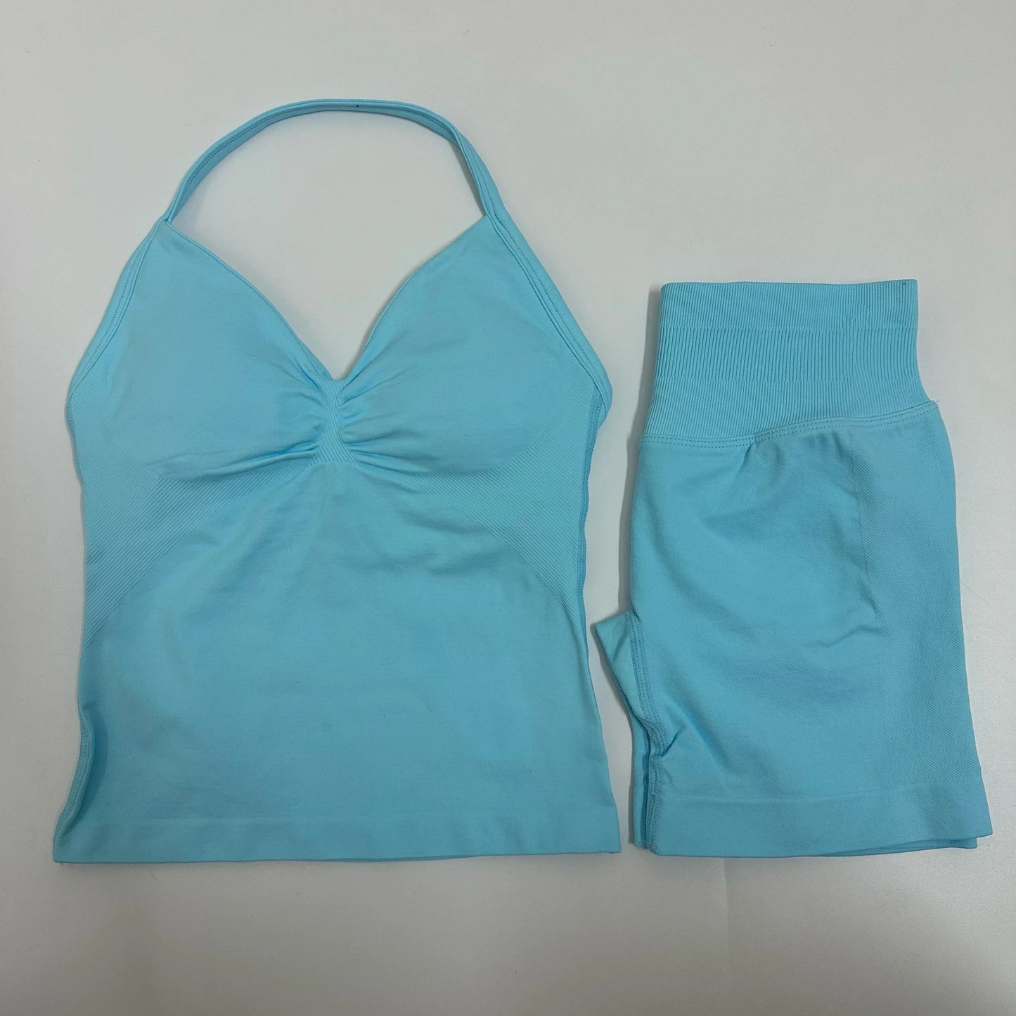 2 Pieces Women Yoga Set Seamless Impact Longline Strappy Tank Top Scrunch Sports Shorts Gym Clothes Woman Summer Workout Outfit Good Vibrations