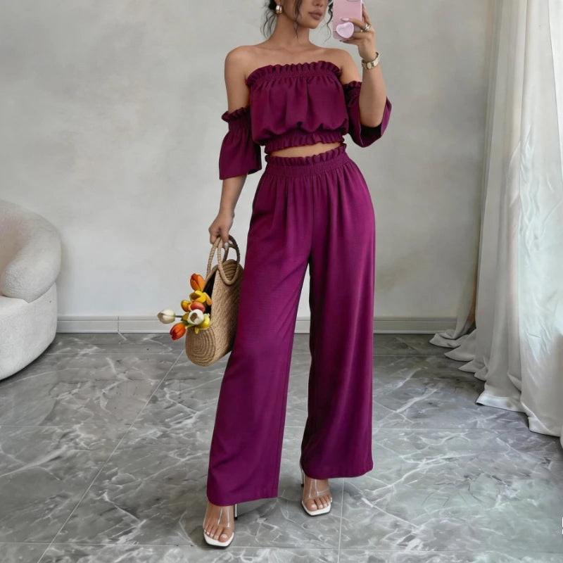 Women's 2 Piece Outfit Off Shoulder Ruffle Crop Top and Wide Leg Pants Set Casual Summer Vacation Party Loungewear Tracksuit Good Vibrations