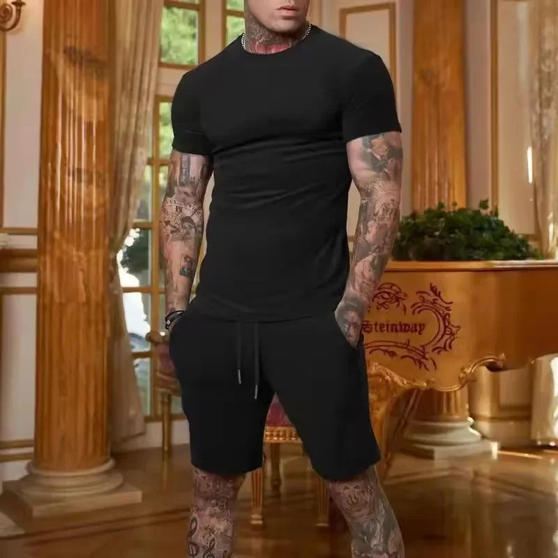 2025 Fashionable and casual summer outdoor sports suit men's breathable T-shirt shorts casual and fashionable two-piece set Good Vibrations