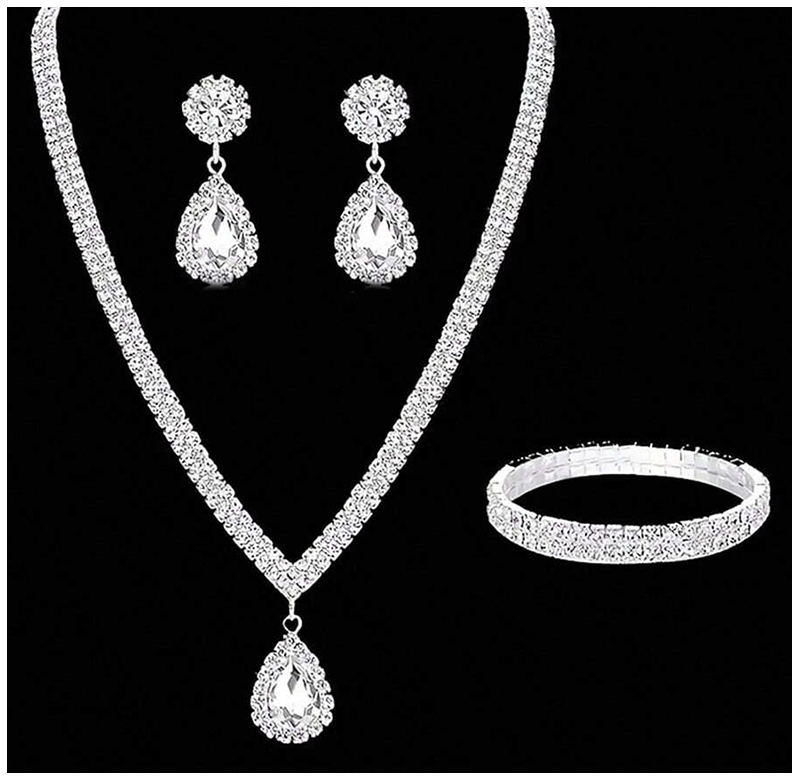 4 Pieces Luxurious Jewelry Set Exquisite Rhinestone Pendant Elegant Women's Crystal Silver Plated Necklace Earrings Bracelet Set Good Vibrations Adult Super Store