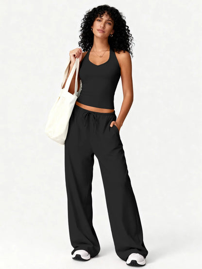 Women 2 Piece Yoga Outfit Ribbed Halter Crop Tank Top Drawstring Wide Leg Pants Set Casual Workout Gym Loungewear Tracksuit Good Vibrations