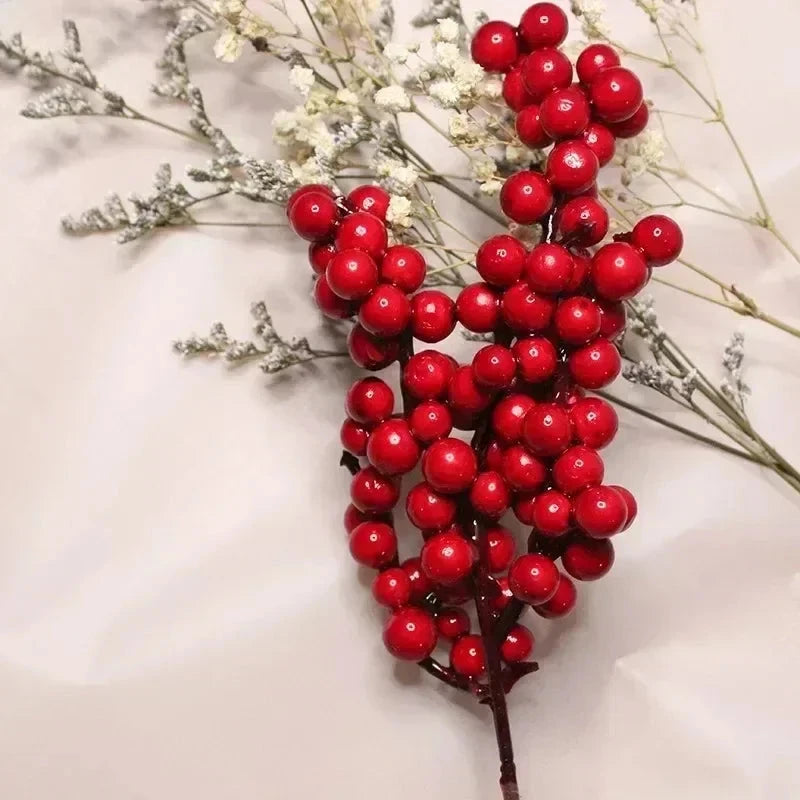 Christmas Red Berries Branch  Artificial Holly Berry Stamen Wreath DIY Foam Fake Flower Ornaments for Xmas Tree Party Home Decor Good Vibrations