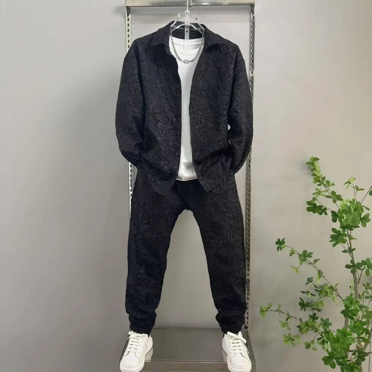 2025 New Men's casual fashion two-piece pants set, sporty lapel jacquard shirt, long-sleeved spring and autumn set Good Vibrations