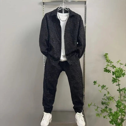 2025 New Men's casual fashion two-piece pants set, sporty lapel jacquard shirt, long-sleeved spring and autumn set Good Vibrations