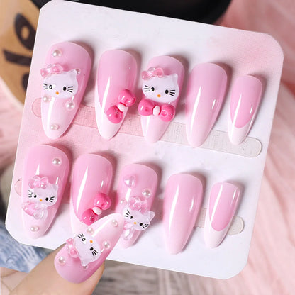 Sanrio Kawaii Pink My Melody Fake Nails 24Pc 3D kuromi Anime Cute Nail Patches False Nail Tips Cartoon Y2K Fashion Press on Nail Good Vibrations