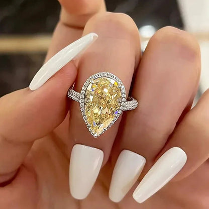 Elegant Yellow Water Drop Shaped Crystal Rhinestone Zircon Ladies Ring for Women Party Wedding Engagement Jewelry Size 6-10 Good Vibrations