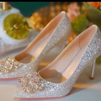 Womens High Heel Shoes Fad Elegant Crystal Pointed Toe Pumps Retro Shallow Mouth Banquet Party Wedding Women Shoes Zapatos Mujer Good Vibrations