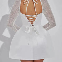 Autumn New Sequins Long Sleeve Mini Dress Chic Square Collar Backless Evening Dress Elegant Ladies Lace Up Exclusive Short Dress Good Vibrations