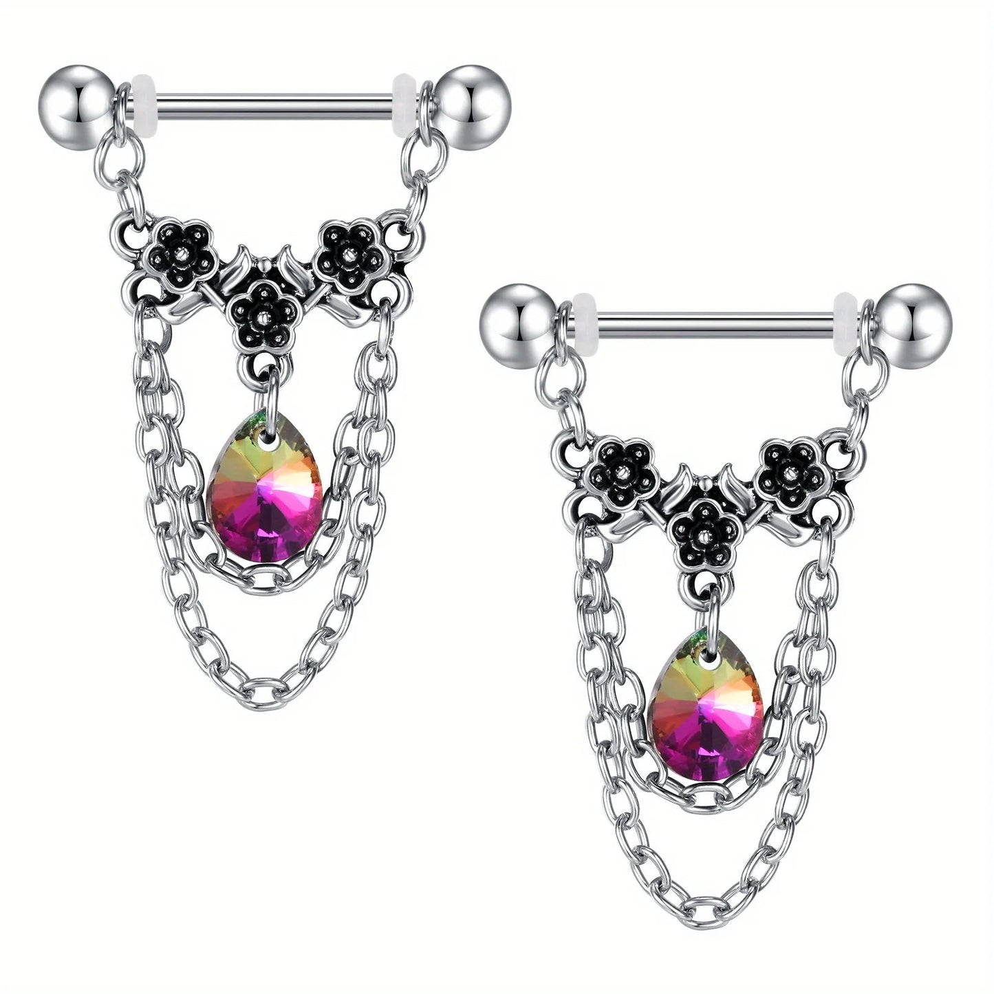 1pair Stainless Steel Nipple Rings, Nipple Barbell With Chain CZ, Nipple Piercing Jewelry Good Vibrations Adult Super Store