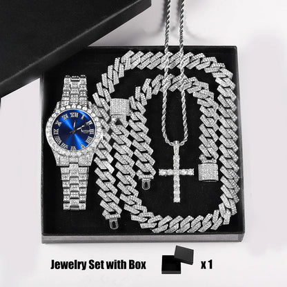 Quartz Watch Set Gift Box Cuban Necklace Bracelet Cross Classic Full Diamond Watch Shining Luxury Gift giving Festival Chain Hip Good Vibrations