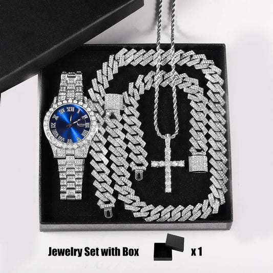 Quartz Watch Set Gift Box Cuban Necklace Bracelet Cross Classic Full Diamond Watch Shining Luxury Gift giving Festival Chain Hip Good Vibrations