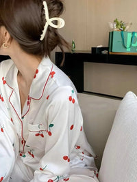 2023 Spring Autumn New Ice Silk 2 Pieces Pajamas for Women Fashion Cardigan Women's Pajamas Sweet Printing Loungewear Women Set Good Vibrations