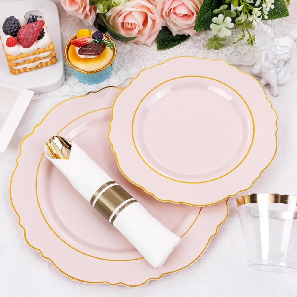 350PCS Pink Plates Disposable-50guest Baroque Plastic Dinnerware include 100Plates,50Pack Pre Rolled Napkins w/Silverware 50Cups Good Vibrations