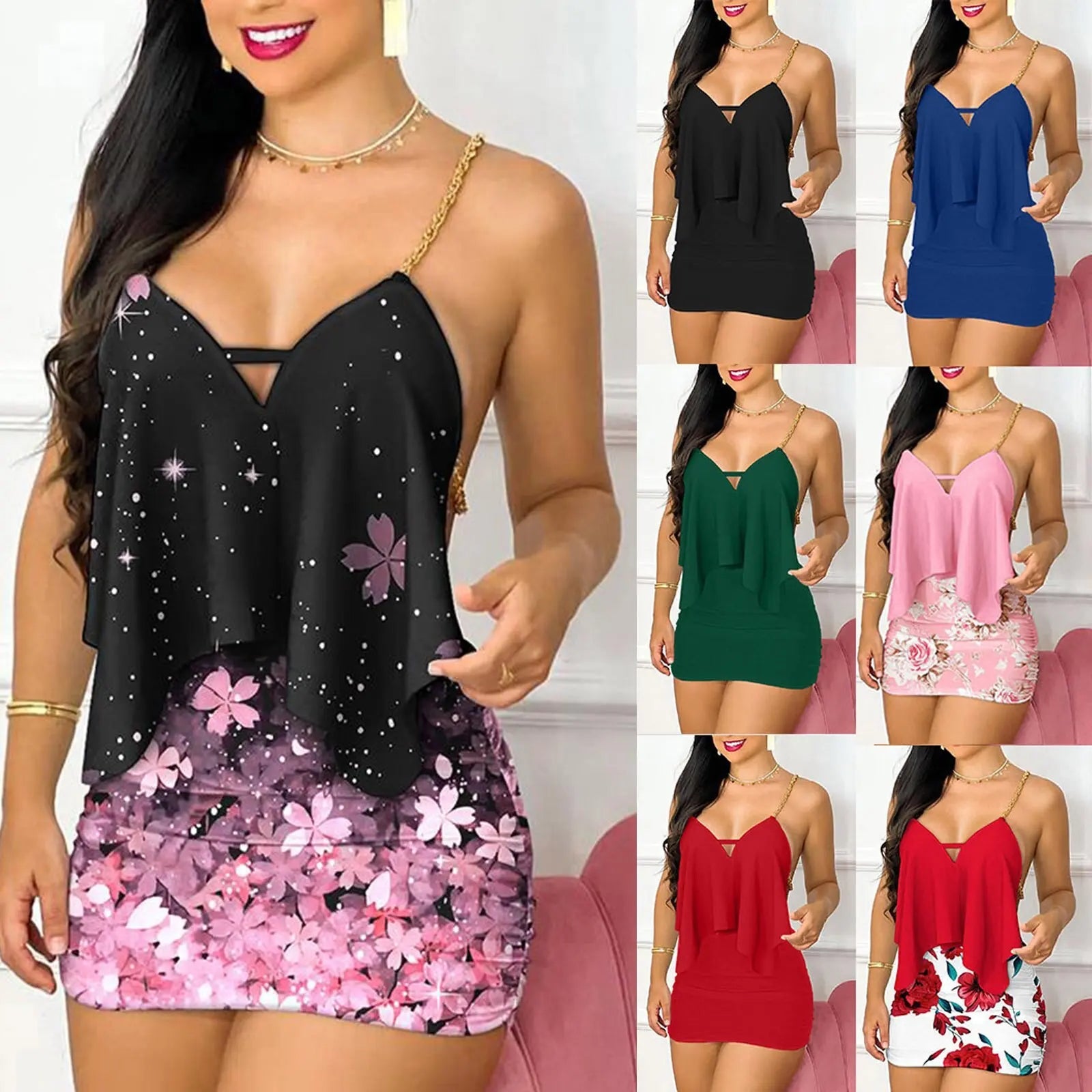 Womens Dresses Summer Fashion Floral Print Asymmetrical Chain Strap Sexy Backless V-Neck Sleeveless Bodycon Mini Dress Sets 2025 Good Vibrations